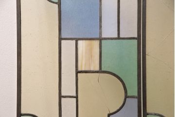 アンティーク建具　日本製　昭和初期　希少!木枠を作成して仕上げる、レトロなデザインが魅力のステンドグラス2枚セット(ドア、明り取り)(R-049608)