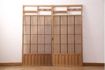 アンティーク建具　雲と風をイメージした透かし彫りがおしゃれな御簾戸2枚セット(簾戸、簀戸、葭戸、夏障子、すど、葦戸)(R-049620)