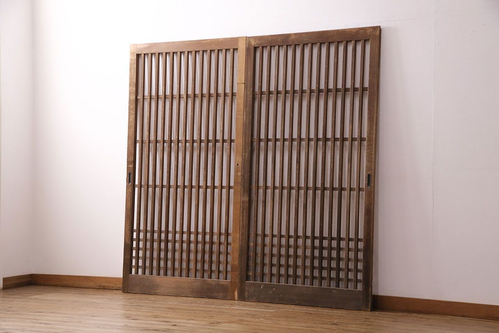 アンティーク建具　ヒノキ材　ガラス入り格子戸2枚セット(玄関戸、引き戸、建具)(R-049643)