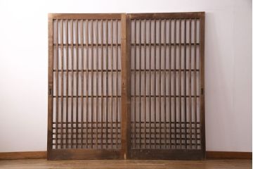 アンティーク建具　ヒノキ材　ガラス入り格子戸2枚セット(玄関戸、引き戸、建具)(R-049643)