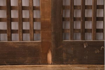 アンティーク建具　ヒノキ材　ガラス入り格子戸2枚セット(玄関戸、引き戸、建具)(R-049643)