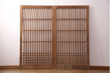 アンティーク建具　ヒノキ材　ガラス入り格子戸2枚セット(玄関戸、引き戸、建具)(R-049643)