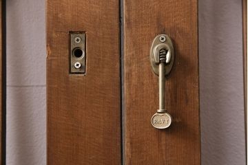 アンティーク建具　ヒノキ材　ガラス入り格子戸2枚セット(玄関戸、引き戸、建具)(R-049643)