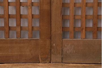 アンティーク建具　ヒノキ材　ガラス入り格子戸2枚セット(玄関戸、引き戸、建具)(R-049643)