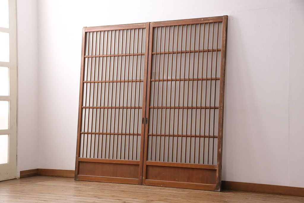 アンティーク建具 和製アンティーク ガラス入り格子戸2枚セット(引き戸、ガラス戸)(R-049646)