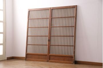 アンティーク建具 和製アンティーク ガラス入り格子戸2枚セット(引き戸、ガラス戸)(R-049646)