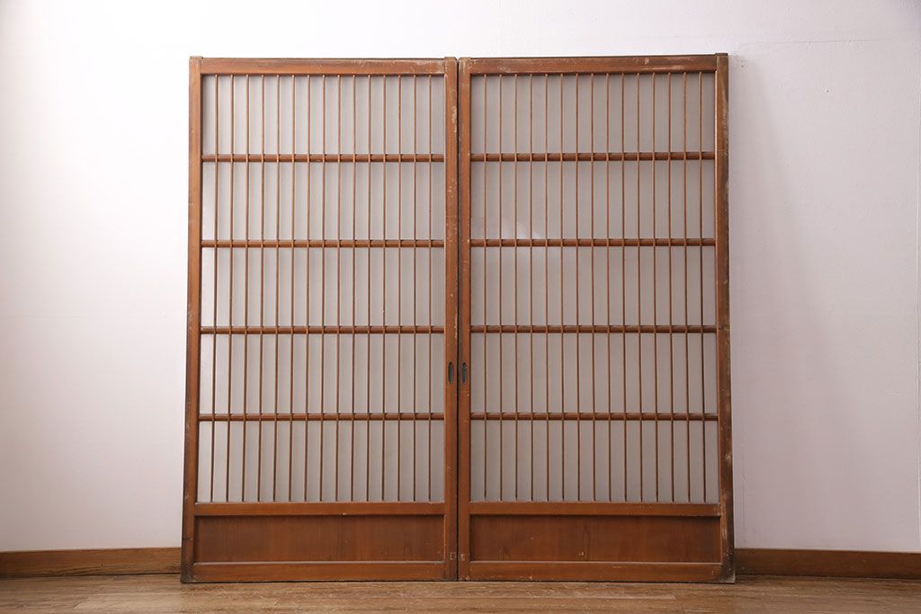 アンティーク建具 和製アンティーク ガラス入り格子戸2枚セット(引き戸、ガラス戸)(R-049646)