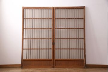 アンティーク建具 和製アンティーク ガラス入り格子戸2枚セット(引き戸、ガラス戸)(R-049646)