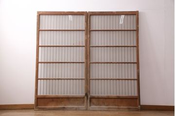 アンティーク建具 和製アンティーク ガラス入り格子戸2枚セット(引き戸、ガラス戸)(R-049646)