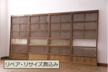 アンティーク建具　和製アンティーク　ガラス入り格子戸4枚セット(建具、引き戸)(R-049647)