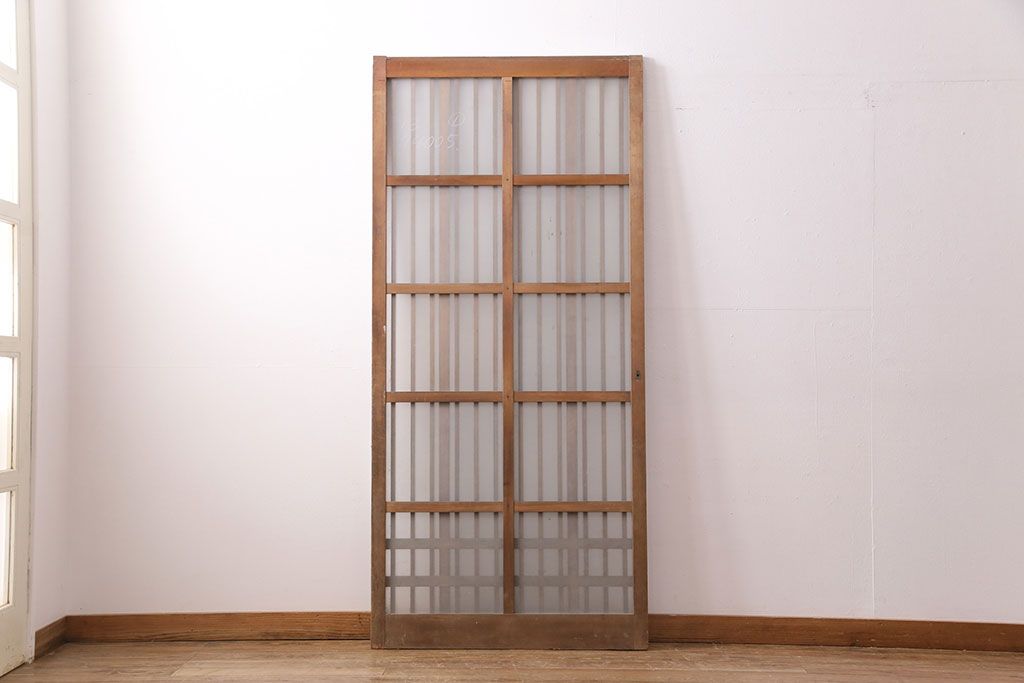 アンティーク建具　スリムなガラス入り格子戸1枚(引き戸、玄関戸)(R-049650)