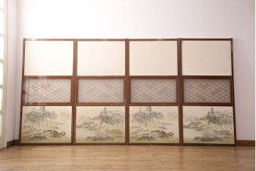 アンティーク建具　昭和後期　和の趣あふれる組子入りふすま4枚セット(引き戸、ガラス帯戸)(R-049651)