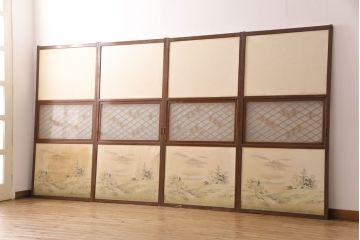 アンティーク建具　昭和後期　和の趣あふれる組子入りふすま4枚セット(引き戸、ガラス帯戸)(R-049651)