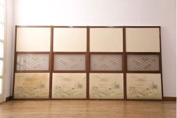 アンティーク建具　昭和後期　和の趣あふれる組子入りふすま4枚セット(引き戸、ガラス帯戸)(R-049651)