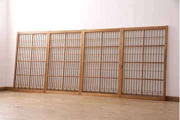 アンティーク建具　ガラス入り格子戸4枚セット(引き戸、窓、ガラス戸)(R-049739)