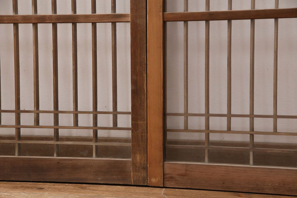 アンティーク建具　ガラス入り格子戸4枚セット(引き戸、窓、ガラス戸)(R-049739)