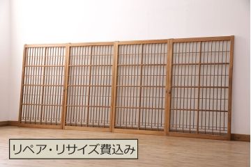 アンティーク建具　ガラス入り格子戸4枚セット(引き戸、窓、ガラス戸)(R-049739)