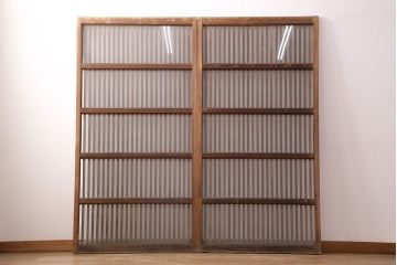 アンティーク建具　和製アンティーク　ガラス入り格子戸2枚セット(引き戸、玄関戸、建具)(R-049740)