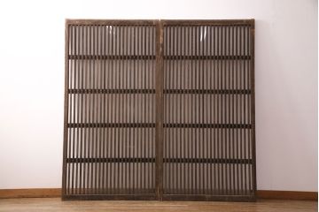 アンティーク建具　和製アンティーク　ガラス入り格子戸2枚セット(引き戸、玄関戸、建具)(R-049740)