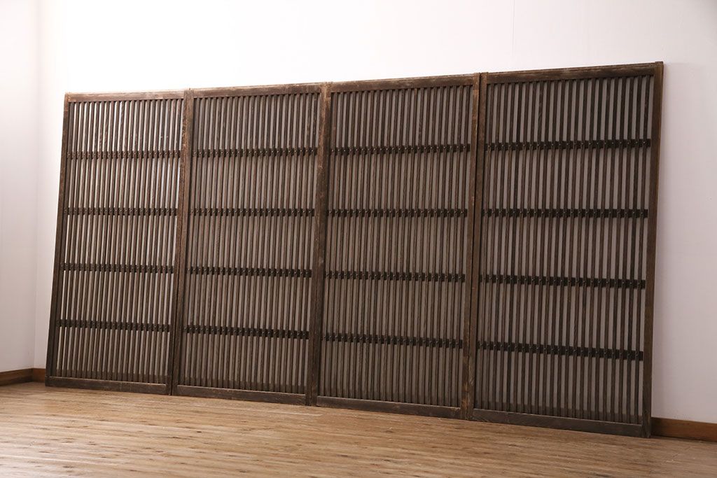 アンティーク建具　和製アンティーク　ガラス入り格子戸4枚セット(引き戸、建具)(R-049741)