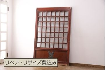 アンティーク建具　明治期　ヒノキ材　細かな格子がおしゃれな蔵戸(きつね格子、狐格子、格子入り蔵戸、引き戸、玄関戸、格子戸、マス目、升目)(R-049747)