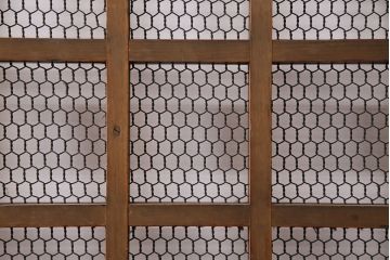 アンティーク建具　明治期　ヒノキ材　細かな格子がおしゃれな蔵戸(きつね格子、狐格子、格子入り蔵戸、引き戸、玄関戸、格子戸、マス目、升目)(R-049747)