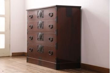 中古　美品　天板リメイク・ヒノキ材　躍動感ある木目が目を引く仙台箪笥(収納タンス、衣装箪笥和タンス、引き出し)(R-049780)