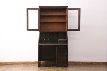 中古　北海道民芸家具　大人なワークスペース作りに活躍してくれるビューローブックケース(定価約38万円)(ライティングビューロー、机、在宅ワーク、在宅用本箱、収納棚、ワークデスク)(R-049781)