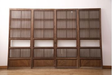 アンティーク建具　腰板ケヤキ材　ガラス入り格子戸4枚セット(引き戸、ガラス戸、建具)(R-049783)