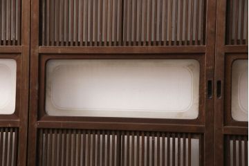 アンティーク建具　腰板ケヤキ材　ガラス入り格子戸4枚セット(引き戸、ガラス戸、建具)(R-049783)