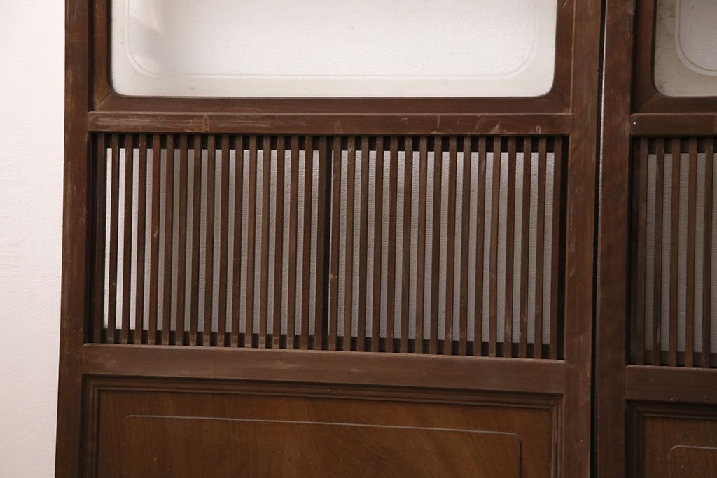 アンティーク建具　腰板ケヤキ材　ガラス入り格子戸4枚セット(引き戸、ガラス戸、建具)(R-049783)