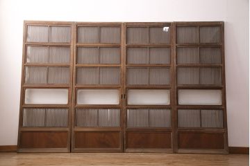 アンティーク建具　腰板ケヤキ材　ガラス入り格子戸4枚セット(引き戸、ガラス戸、建具)(R-049783)