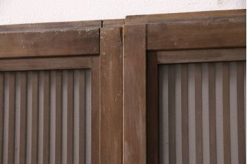 アンティーク建具　腰板ケヤキ材　ガラス入り格子戸4枚セット(引き戸、ガラス戸、建具)(R-049783)