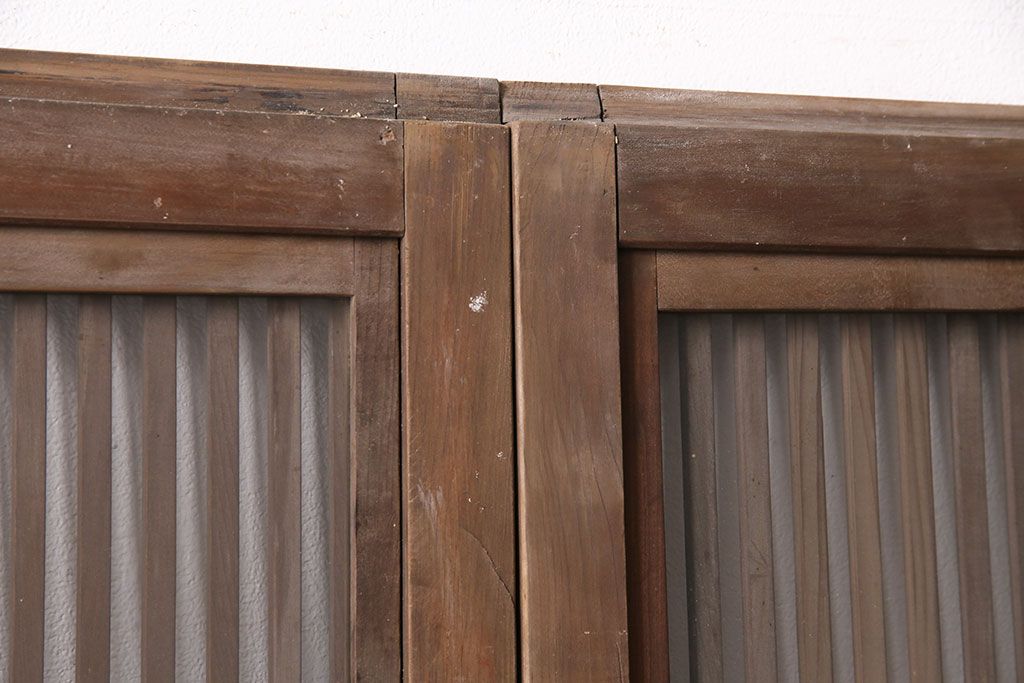 アンティーク建具　腰板ケヤキ材　ガラス入り格子戸4枚セット(引き戸、ガラス戸、建具)(R-049783)