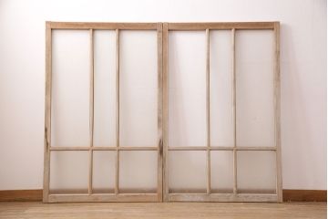 アンティーク建具　すりガラスとモールガラスが入ったおしゃれなガラス戸2枚セット(引き戸、窓)(R-049789)