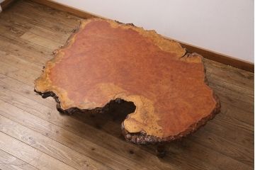 和製ヴィンテージ　カリン材の鳥眼杢が美しい、高級感のある座卓(ローテーブル、ビンテージ、花梨材)(R-049857)