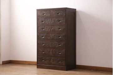ビンテージ家具　美品　伝統工芸　軽井沢彫り　桜の彫りが優美なチェスト(衣装箪笥、洋服タンス、引き出し、ヴィンテージ)(R-049868)
