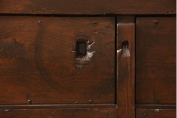 アンティーク建具　総ケヤキ材　巾着金具　立派な錠前金具が重厚感を演出する格子入り蔵戸(玄関戸、引き戸)(R-049872)