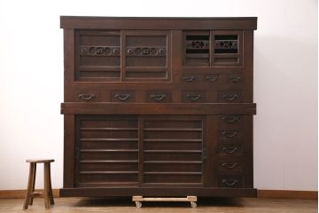 和製アンティーク　明治期　昇り引き出し付きの京水屋箪笥(水屋箪笥、キャビネット、収納棚)(R-049880)