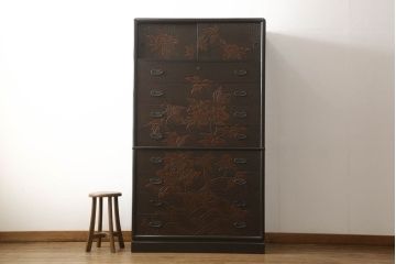 中古　美品　鎌倉彫り　中桐箪笥(チェスト、和箪笥、衣装箪笥、洋服タンス、桐たんす)(R-049895)