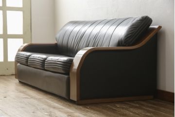 中古　美品　富士ファニチア(富士ファニチュア、フジファニチュア、FUJI FURNITURE、富士ファニチャー)　本革製三人掛けソファ(3Pソファ)(R-049900)