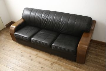中古　美品　富士ファニチア(富士ファニチュア、フジファニチュア、FUJI FURNITURE、富士ファニチャー)　本革製三人掛けソファ(3Pソファ)(R-049900)