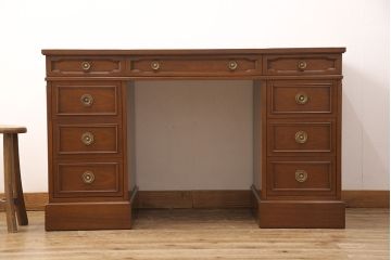 中古　DREXEL HERITAGE(ドレクセルヘリテイジ)　Triune(トライユン)　レザートップが格好いいマホガニー材製のデスク(両袖机、在宅ワーク、在宅用ワークデスク)(定価約75万円)(R-049901)