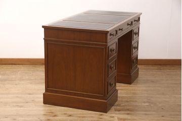 中古　DREXEL HERITAGE(ドレクセルヘリテイジ)　Triune(トライユン)　レザートップが格好いいマホガニー材製のデスク(両袖机、在宅ワーク、在宅用ワークデスク)(定価約75万円)(R-049901)