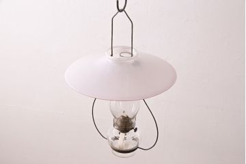 和製アンティーク　平芯5分芯　ピンクの縁が可愛らしいアクセントのオイルランプ(ハンギングランプ、吊り下げランプ、ランタン)(R-049949)