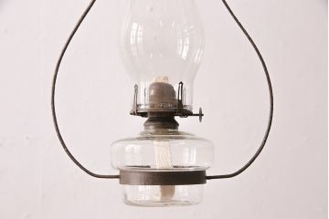 和製アンティーク　平芯5分芯　ピンクの縁が可愛らしいアクセントのオイルランプ(ハンギングランプ、吊り下げランプ、ランタン)(R-049949)