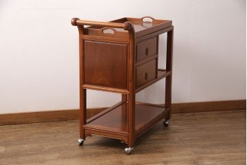 中古　高級家具　トレー付き　温かな雰囲気を醸しだすカリン材製のキッチンワゴン(キャビネット、サイドテーブル、トロリー、花梨材)(R-049962)