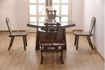 中古　民芸家具　美品　星野民芸(星野民藝)　桜材　激レア品!　存在感を放つ八角炉+椅子4脚セット(ダイニングテーブル、囲炉裏、ダイニングセット)(定価約120万円)(R-049974)