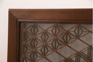 アンティーク建具　両面ガラス　麻の葉・胡麻・桜亀甲の3種の組子が見事な組子欄間(明り取り、明かり取り)(R-049979)