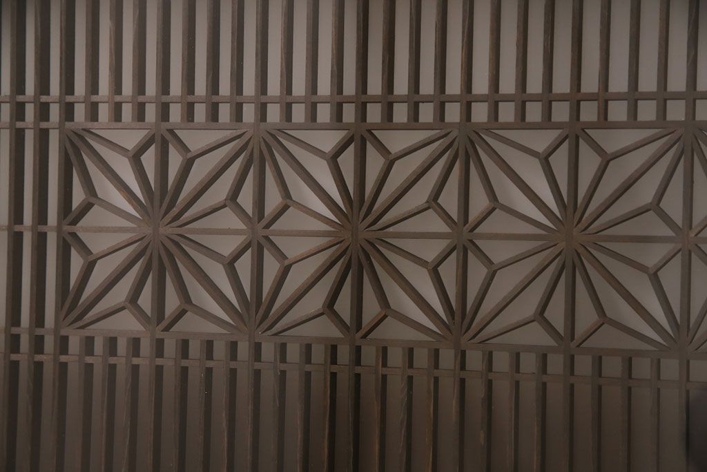 アンティーク建具 両面ガラス入り 角麻の組子が美しい欄間(明り取り、明かり取り)(R-049980)
